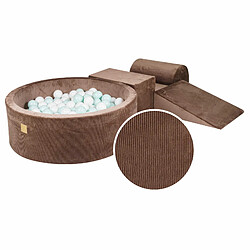 MeowBaby® Ensemble de jeu en mousse avec piscine à balles 90x30 cm/200 balles de 7 cm, Ensemble de jeu pour enfant, 4 éléments, Velours côtelé, Chocolat, Balles : blanches, menthe