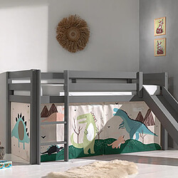 Mes Lit surélevé avec toboggan gris décor dinosaures - PINO