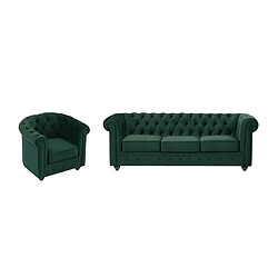 Vente-Unique Canapé 3 places et fauteuil en velours vert CHESTERFIELD