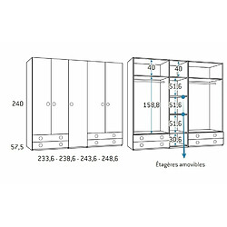 Inside 75 Armoire 5 portes 4 tiroirs 233,6 x 57,5 x 240 cm finition chêne blanchis