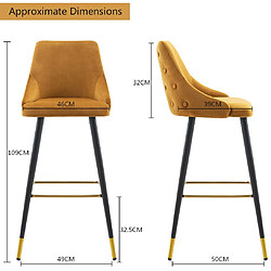 Decoshop26 2x tabourets de bar en velours jaune avec dossier capitonné et repose-pieds métal noir et or TDB09206