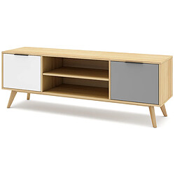 Avis Pegane Meuble TV en pin massif chêne blanc et gris, meuble de rangement - Longueur 140 x Profondeur 40 x Hauteur 52 cm