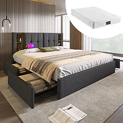 KOMHTOM Lit adulte avec chargement sans fil USB C& 4 tiroirs , Lit rembourré Cadre de lit 160x200cm,Sommier à lattes en bois-gris lin (avec matelas)