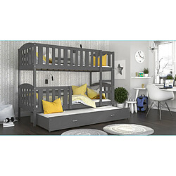 Kids Literie Lit Superposé 3 Places Teo 90x190 Gris - gris Livré avec sommiers, tiroir et matelas en mousse de 7cm