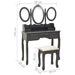 vidaXL Coiffeuse avec tabouret et miroir pliable en 3 Gris pas cher