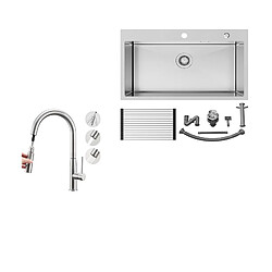 Auralum MAX Évier Cuisine 1 Cuve Inox Brossé75*45*19CM-Évier avec Égouttoir pliable+Robinet Cuisine avec Douchette Extractible,2 Modes Jets ,Brossé