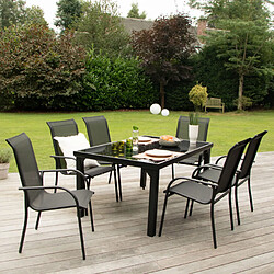 Wilsa Garden Ensemble BLACKEDITION 6p en aluminium, plateau en verre trempé opaque avec 6 fauteuils en textilène Salon de jardin en aluminium et verre trempé Black Edition Table et 6 fauteuils