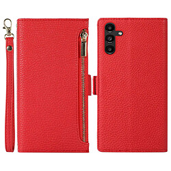 Etui en PU texture litchi avec support, pochette à fermeture éclair et sangle pour votre Samsung Galaxy A13 5G - rouge