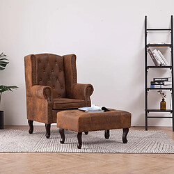 vidaXL Fauteuil Chesterfield et repose-pieds Marron Similicuir daim