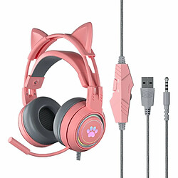 Mignon Chat Oreille Lumineux Filaire Casque Antibruit Haute Définition Microphone Stéréo Ergonomique Jeu Ordinateur Écouteur Rose 