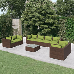 vidaXL Salon de jardin 9 pcs avec coussins résine tressée marron