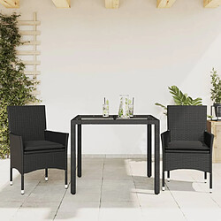 vidaXL Ensemble à manger de jardin et coussins 3 pcs noir rotin verre