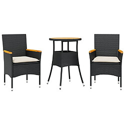 vidaXL Ensemble à manger de jardin et coussins 3 pcs noir rotin acacia