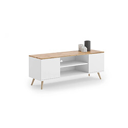 Alter Meuble TV avec 2 portes et 1 étagère centrale, Buffet avec pieds, Buffet de salon style scandinave, cm 155x40h49, Couleur Blanc et plateau couleur Érable