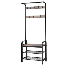 Helloshop26 Portemanteau vestiaire meuble d’entrée avec crochets amovible banc et étagère à chaussures hauteur 183 cm cadre en métal style industriel couleur grège et noir 12_0003649