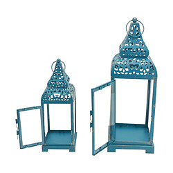 Mobili Rebecca Set Lanternes Bleu Clair Bougeoir Métal Verre 39x14,5x14,5