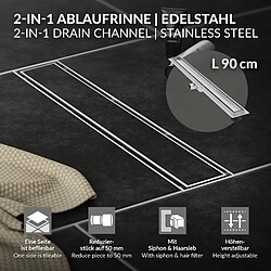 LuxeBath Caniveau de Douche 90 cm 2en1 à Carreler, Argent, Acier Inoxydable, avec Appareil Désodorisant et Filtre à Cheveaux Amovible, Pieds Réglable en Hauteur, Siphon Double Face, Écoulement de Sol