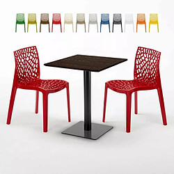 Grand Soleil Table carrée 60x60 pied noir et surface bois avec 2 chaises colorées Gruvyer Kiss - Rouge 