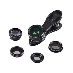 Wewoo Pour iPhone, Samsung, Huawei, Xiaomi, HTC et autres Smartphones, Appareil Photo Numérique Ultra-fin APL-DG5 5 en 1 Macro Objectif 15X Universelle + Grand Angle 0.63X + Fisheye 198 Degres + Téléobjectif 2x + Lentille CPL,