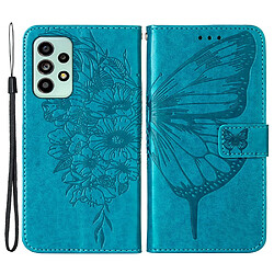 Etui en PU fermoir magnétique, motif grand papillon et fleurs bleu pour votre Samsung Galaxy A53 5G