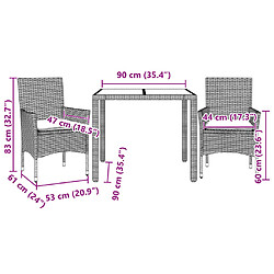 vidaXL Ensemble à manger de jardin et coussins 3 pcs noir rotin verre pas cher