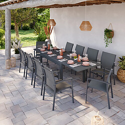 Avril Paris Table de jardin extensible aluminium 135/270cm + 10 Fauteuils empilables textilène Gris Anthracite - ANDRA 