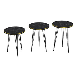 Helloshop26 Set de 3 tables d'appoint rondes gigognes marbre noir or 03_0008407