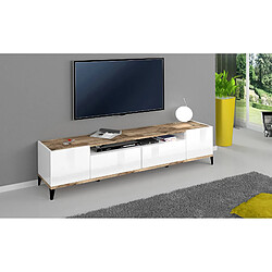 Alter Meuble TV de salon, Made in Italy, meuble TV avec 2 portes et 2 tiroirs, cm 200x40h47, blanc brillant et érable