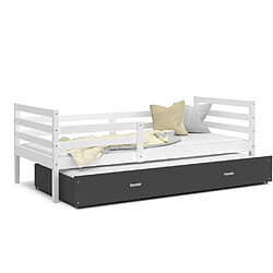 Kids Literie Lit Gigogne Milo 90x190 Blanc - gris Livré avec sommiers, tiroir et matelas en mousse de 7cm