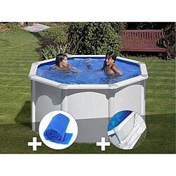 Kit piscine acier blanc Gré Fidji ronde 2,60 x 1,22 m + Bâche à bulles + Tapis de sol