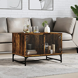 Maison Chic Table basse pour salon | Table à café avec portes en verre chêne fumé 68,5x50x50 cm -GKD93335