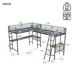 Acheter LBF Lit mezzanine 2x90x200cm, deux lits, avec table sous le lit, double escalier, rampe haute, sommier à lattes, noir