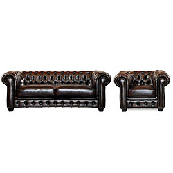 Vente-Unique Canapé chesterfield 3 places et un fauteuil BRENTON 100% cuir de buffle - Marron reflets châtains