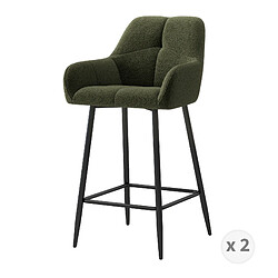 Moloo LEA-Tabouret de bar en tissu bouclé Vert Army et métal noir (x2)