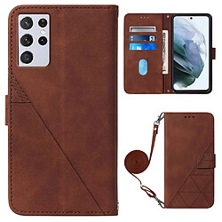 Etui en PU motif lignes avec support et cordon marron pour votre Samsung Galaxy S21 Ultra 5G