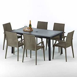 Grand Soleil Table rectangulaire et 6 chaises Poly rotin colorées 150x90cm noir Enjoy, Chaises Modèle: Bistrot Arm Marron Moka