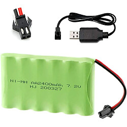 Batterie AA Ni-MH rechargeable 7.2V 2400mAh pour véhicules RC | Avec prise SM-2P 2 broches, câble USB | Pour voitures RC, camions, drone Kondor de l’espace Radiofly