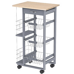 Homcom Chariot de service desserte de cuisine à roulettes multi-rangements 3 paniers métal tiroir + 2 range-bouteilles bois pin gris