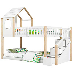 ComfortXL Lit Cabane Enfant Double, En Forme De Maison, Avec Échelle et Garde-Robe, Pin, 90x200Cm, Blanc