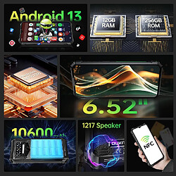 OUKITEL WP38 Smartphone 6.52 pouces 12GO(6+6) 256GO Octa Core 13MP caméra Android 13 Dual sim 4G 10600mAh-NOIR