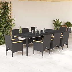 vidaXL Ensemble à manger de jardin et coussins 9 pcs noir rotin verre