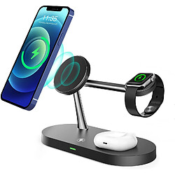 Chrono Chargeur sans fil magnétique 3 en 1 avec veilleuse, station de charge sans fil QI rapide 15 W, station d'accueil compatible avec iPhone 12/11/X/XS Max, série IWatch, AirPods Pro/2,(noir)