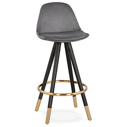 Alterego Tabouret snack mi-hauteur design 'CHICAGO MINI' en velours gris et 4 pieds en bois noir