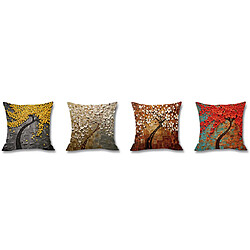 YP Select 4 Pcs Peinture À L'huile Arbre Imprimé Lin Lin Taie d'oreiller Carré Canapé Lit Oreiller Coussin Rouge 45X45 CM