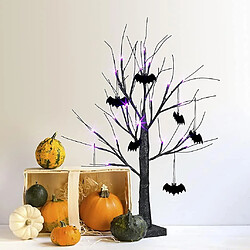 Universal 2 pieds 24 le long arbre effrayant noir pailleté avec des lumières violettes et des décorations de chauves-souris à base de batterie de table de table à table pour Halloween et intérieur