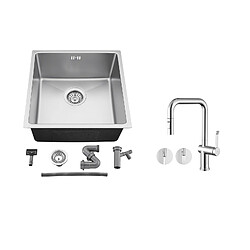 Auralum MAX Évier Encastré 44x44x20CM,Évier Cuisine 1 Bac en Inox,Argent+Robinet Cuisine avec Douchette Extractible Rotatif 360 °,2 Fonctions,Chromé