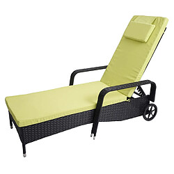 Decoshop26 Chaise longue relaxation transat de jardin bain de soleil poly rotin anthracite housse vert clair 04_0004242