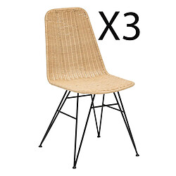 Pegane Lot de 3 chaises de salle à manger en bois de rotin coloris beige et pieds coloris noir