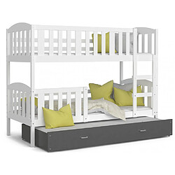 Kids Literie Lit Superposé 3 Places Teo 90x190 Blanc - gris Livré avec sommiers, tiroir et matelas en mousse de 7cm