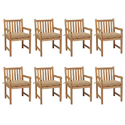 vidaXL Chaises de jardin lot de 8 avec coussins beige Bois teck solide